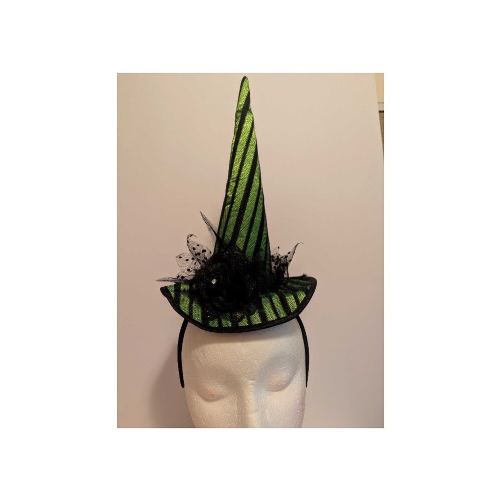 Pointy Black Green Striped Witch Fascinator Hat Black Rose Feathers Tulle